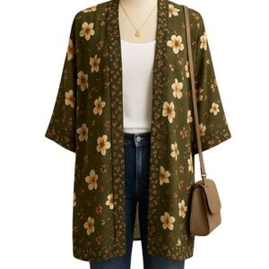 Green Floral Kimono Duster Boho Sleeve Lightweight by Lily White size small